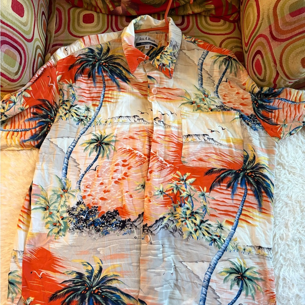 Jos. A. Bank Orange and Blue Palm Print Short-Sleeve Button-Up Shirt